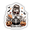 Spooky Skeleton Zombie Mama illustration featuring a skeleton with sunglasses sipping a drink, surrounded by a cartoon pumpkin, available as stickers or digital artwork.