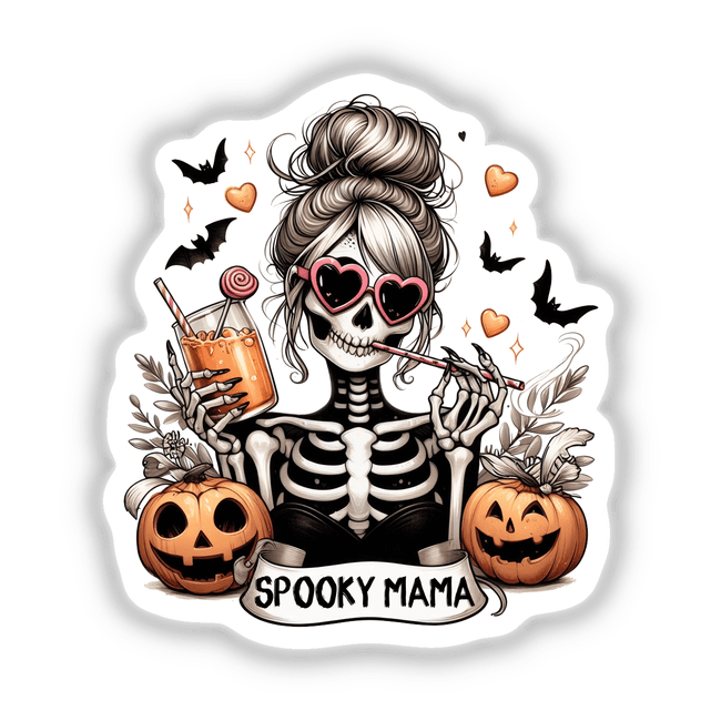 Spooky Skeleton Zombie Mama illustration featuring a skeleton with sunglasses sipping a drink, surrounded by a cartoon pumpkin, available as stickers or digital artwork.