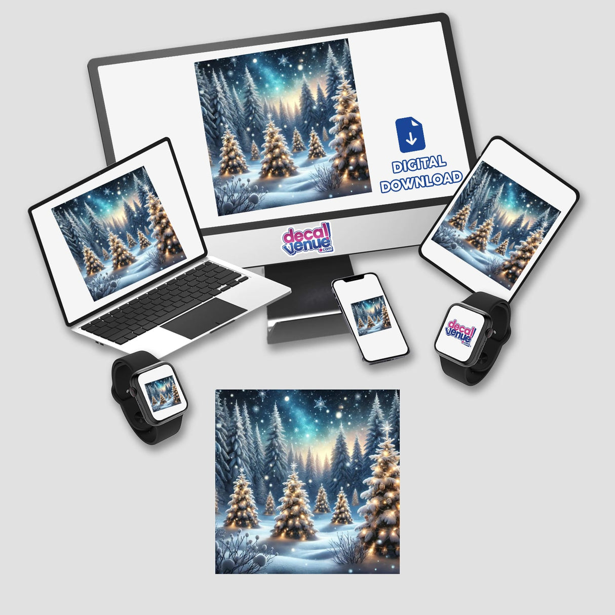 Frosted Pines - A Snowy Forest with Decorated Trees displayed on a computer monitor and laptop, showcasing a serene, wintry scene. Available as Stickers or Digital Artwork.