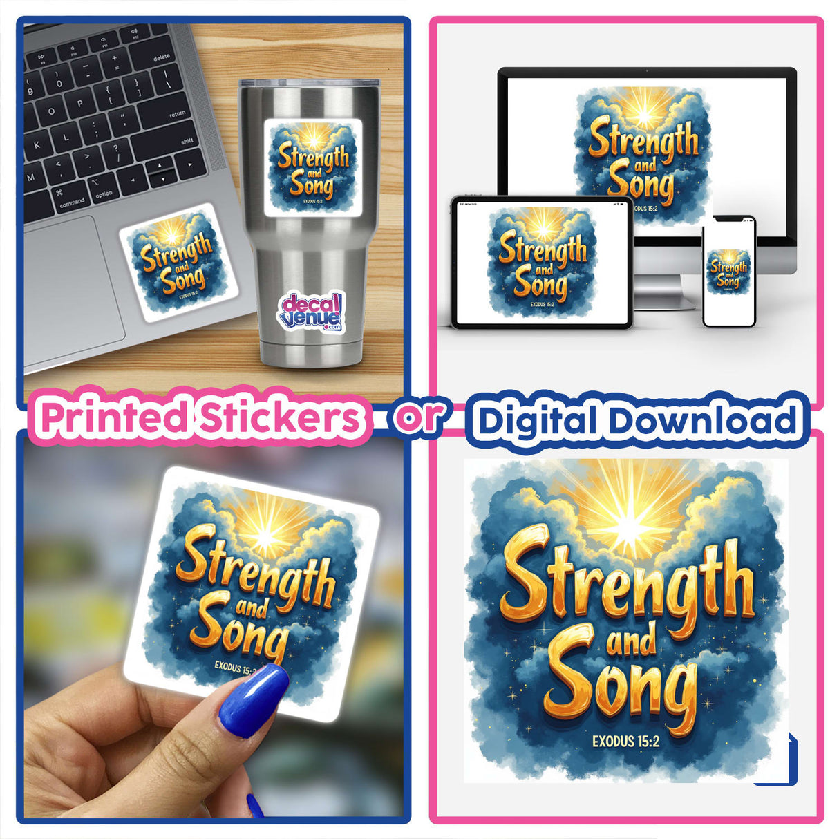 Strength and Song – Exodus 15:2 Christian Sticker or Clipart featuring a laptop with a sticker and digital artwork elements, showcasing unique designs available with commercial rights.