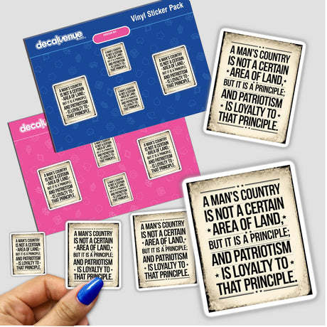 Hand holding a sticker pack featuring the George William Curtis Patriotism Quote, an inspirational vintage typography design available as stickers or digital artwork with commercial rights.