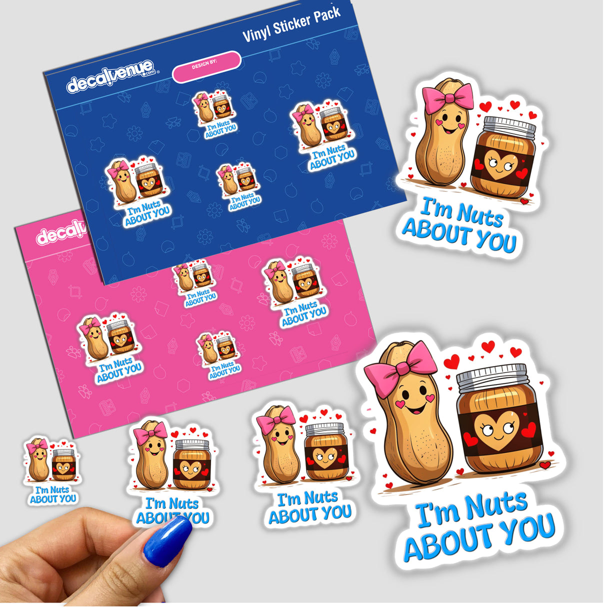 Cartoon stickers featuring characters, including a peanut with a pink bow and a jar, titled I'm Nuts About You, available as stickers or digital artwork.