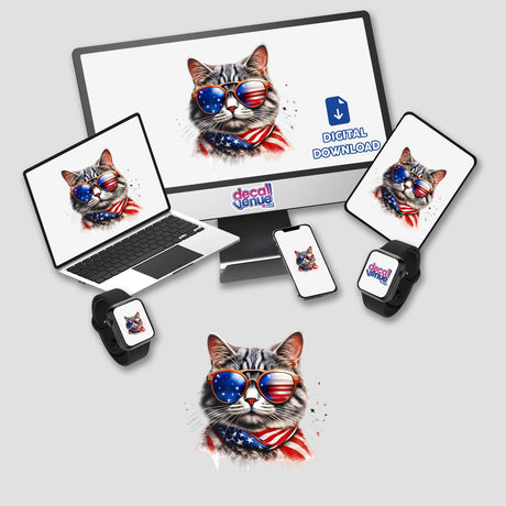 Patriotic cat wearing American flag sunglasses, surrounded by digital devices displaying the Decal Venue store logo and a "Digital Download" call-to-action.