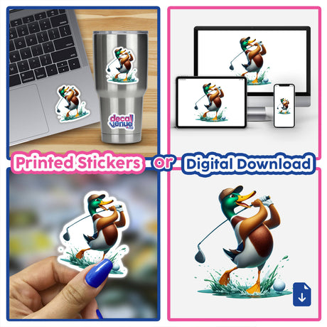 Silly Face Mallard Duck Golfer sticker collage featuring cartoon ducks playing golf and fishing, nail art, and a laptop with decals. Available as stickers or digital artwork.