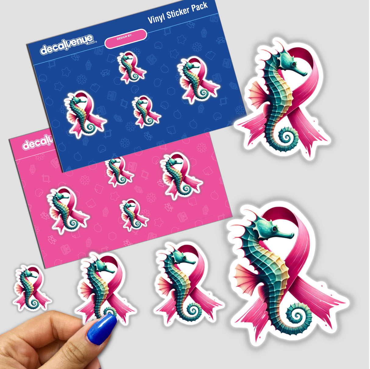 Seahorse Pink Ribbon Breast Cancer sticker featuring a seahorse intertwined with a pink ribbon, symbolizing breast cancer awareness. Available as stickers or digital artwork.