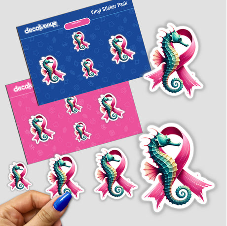 Seahorse Pink Ribbon Breast Cancer sticker featuring a seahorse intertwined with a pink ribbon, symbolizing breast cancer awareness. Available as stickers or digital artwork.