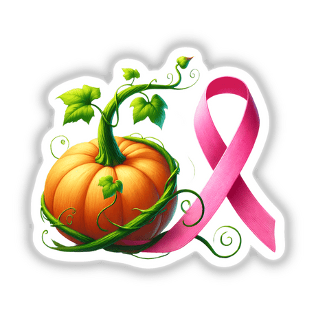 Pumpkin Pink Ribbon Breast Cancer design featuring a pumpkin intertwined with a pink ribbon and green vines, available as stickers or digital artwork.