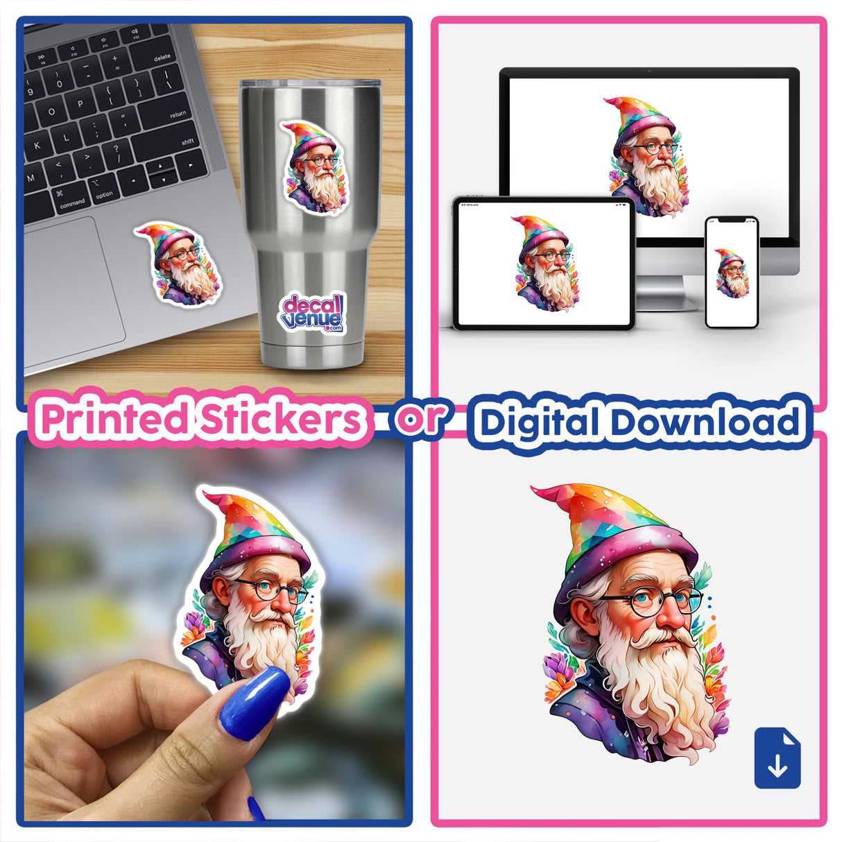 Sticker Design: Portrait of a Magical Wizard in a Classic Wizard Hat displayed on a laptop, featuring intricate details and whimsical elements, available as stickers or digital artwork.