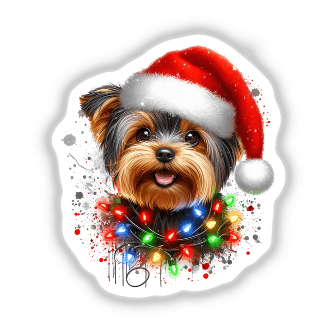 Christmas Yorkie Dog in Christmas Lights: A terrier wearing a Santa hat adorned with Christmas lights, perfect as stickers or digital artwork from Decal Venue.