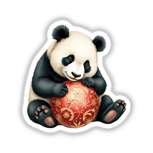 Panda Sleeping on Christmas Ornament: A cartoon panda cradles a red ball, available as unique stickers or digital artwork from Decal Venue, emphasizing playful and festive designs.