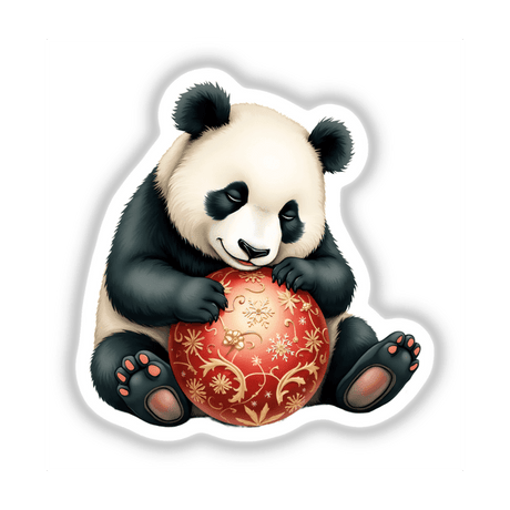 Panda Sleeping on Christmas Ornament: A cartoon panda cradles a red ball, available as unique stickers or digital artwork from Decal Venue, emphasizing playful and festive designs.