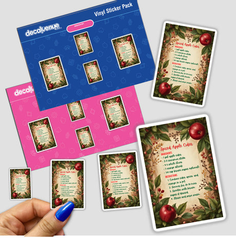 Spiced Apple Cider Recipe Clipart – Stickers or Printable Download with Commercial Rights, featuring apple-themed stickers, a hand with blue nail polish holding a sticker pack, and a recipe on a tablet.