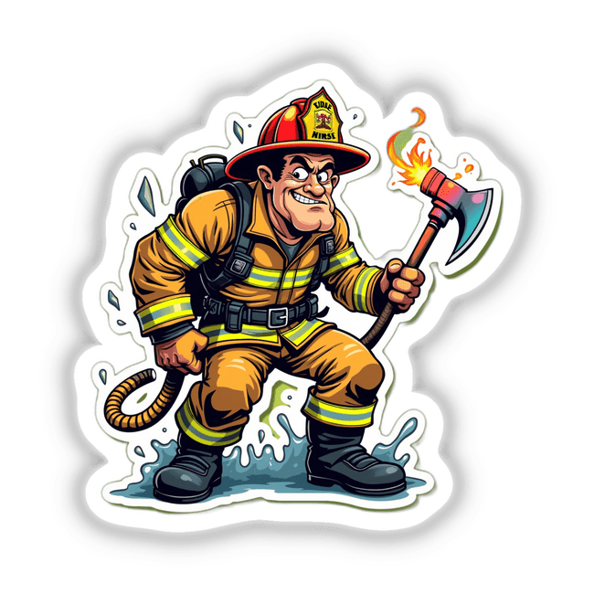 Bombeiro Machado: A cartoon fireman in full gear, holding an axe, available as stickers or digital artwork from Decal Venue.