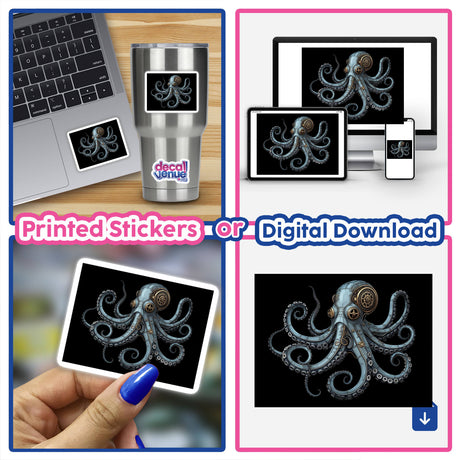 a computer, a laptop, a cell phone, and a picture of an octopus