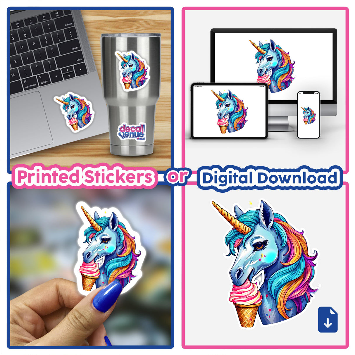 Colorful unicorn eating ice cream - digital artwork displayed on various devices and printed stickers