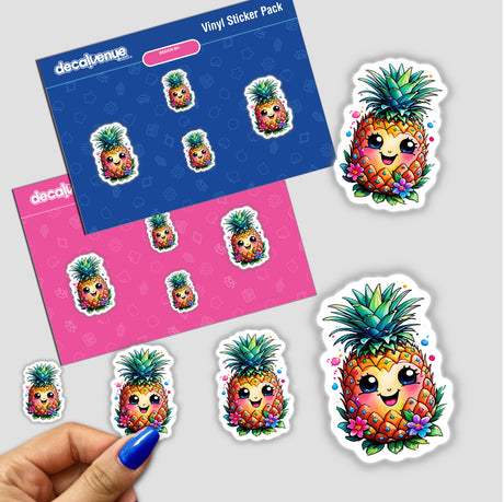 Sunshine Smiles: Rainbow Floral Pineapple Sticker featuring a cartoon pineapple adorned with flowers, available as individual stickers or in a sticker pack.