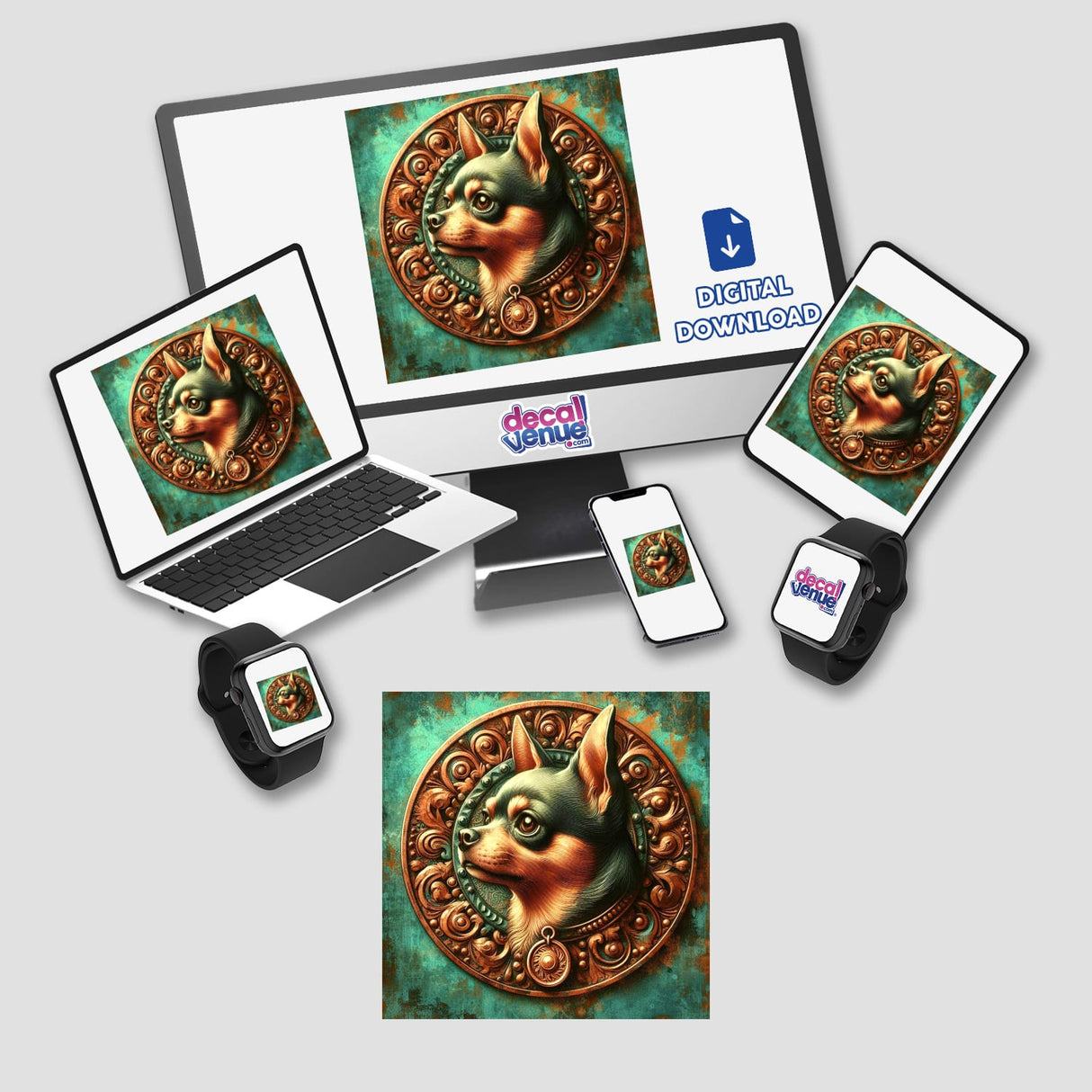 Whimsical chihuahua digital artwork with decorative medallion elements featured on various digital devices