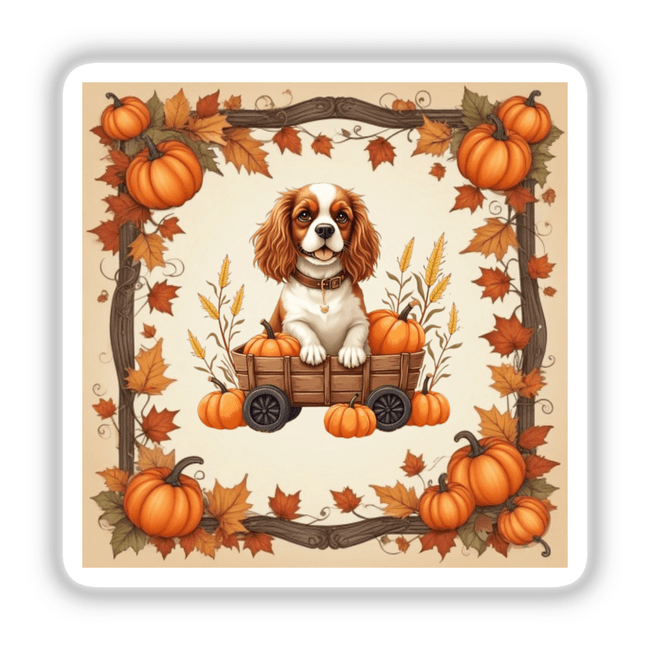 Cavalier King Charles Spaniel in a wagon with pumpkins, representing the Fall Aesthetic Cavalier King Charles Spaniel Clip art - Stickers or Download with Commercial Rights.