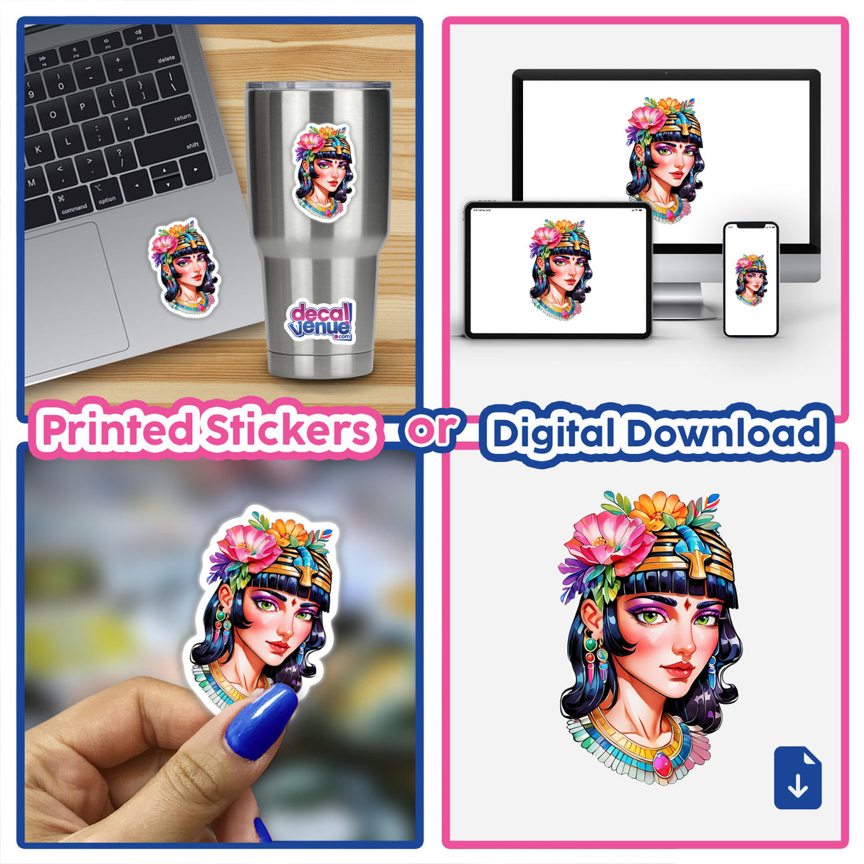 Collage of Alluring Egyptian Queen stickers and digital artwork featuring a woman with flowers in her hair, colorful makeup, and various close-ups on laptops and silver cups.