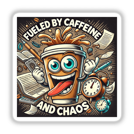 Cartoon coffee cup, clock, and notebook illustration titled Coffee and Chaos, available as stickers or digital artwork, embodying the theme of being fueled by caffeine and chaos.