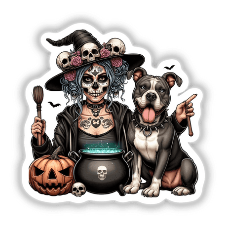 Pitbull Dog and Mama Witch Halloween Brew: Cartoon of a pitbull holding a stick, with a woman in a witch hat surrounded by Halloween elements like a pumpkin with a skull and a cauldron.