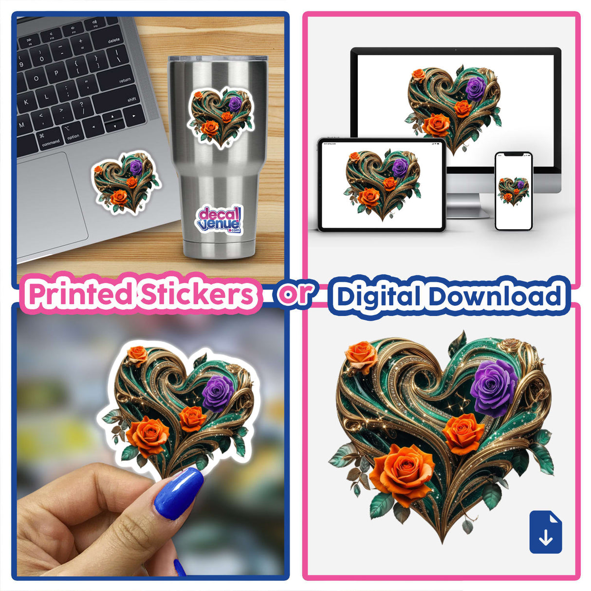 Emerald Gold Heart adorned with orange and purple roses, featured as a sticker or digital artwork, showcasing intricate floral details.