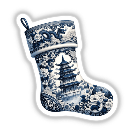 Chinoiserie Christmas Stocking featuring intricate blue and white patterns, available as stickers or digital artwork. Ideal for adding a touch of elegance to festive decor.