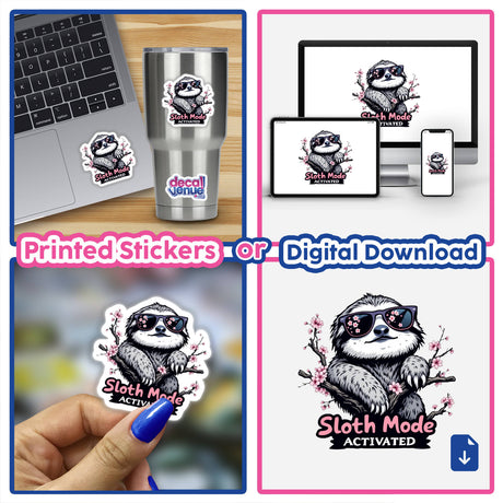 Springtime Sloth sticker collage featuring a sloth in sunglasses, ideal for laptops. Available as unique vinyl stickers or digital artwork from Decal Venue.