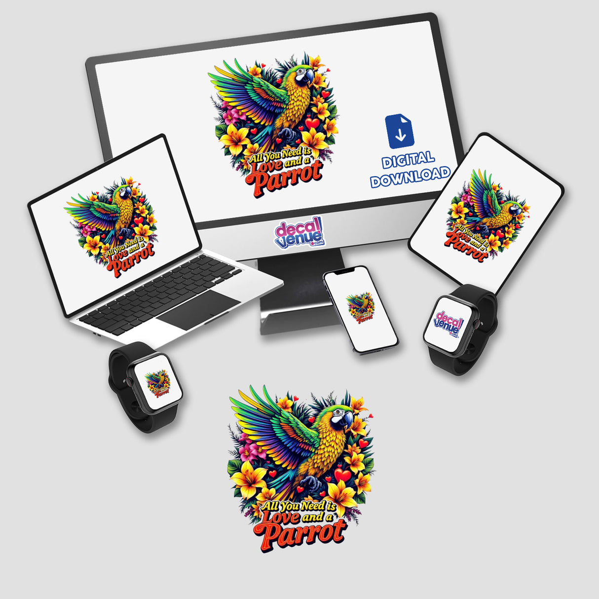 Parrot Love: A vibrant digital artwork featuring a parrot amidst flowers displayed on a computer monitor and laptop, available as vinyl stickers or digital art from Decal Venue.