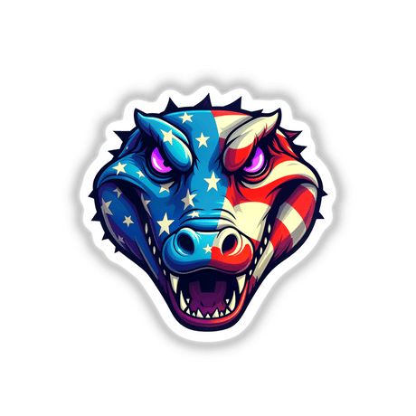 Cartoon illustration titled A Cool American Flag Alligator, featuring a dinosaur adorned with stars and stripes, available as stickers or digital artwork.