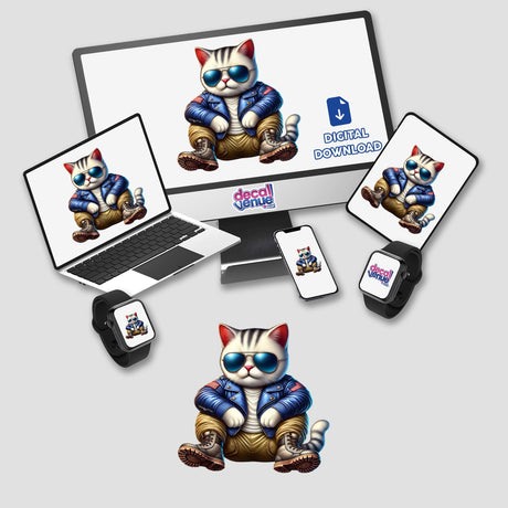 Patriotic leather cat aviator sunglasses digital artwork featured across various digital devices including laptop, smartphone, and smartwatch from the Decal Venue store.