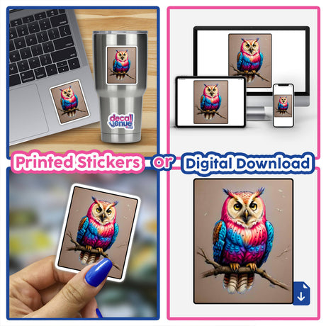 Collage of a laptop and phone featuring the Owl of Many Colors sticker, showcasing vibrant artwork available as stickers or digital art from Decal Venue.