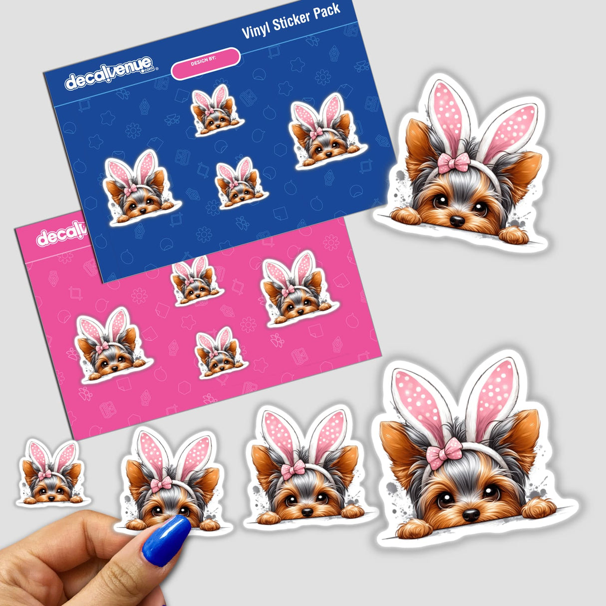 Peeking Easter Yorkie Bunny stickers featuring a cartoon Yorkie with bunny ears, available as vinyl stickers or digital artwork from Decal Venue.