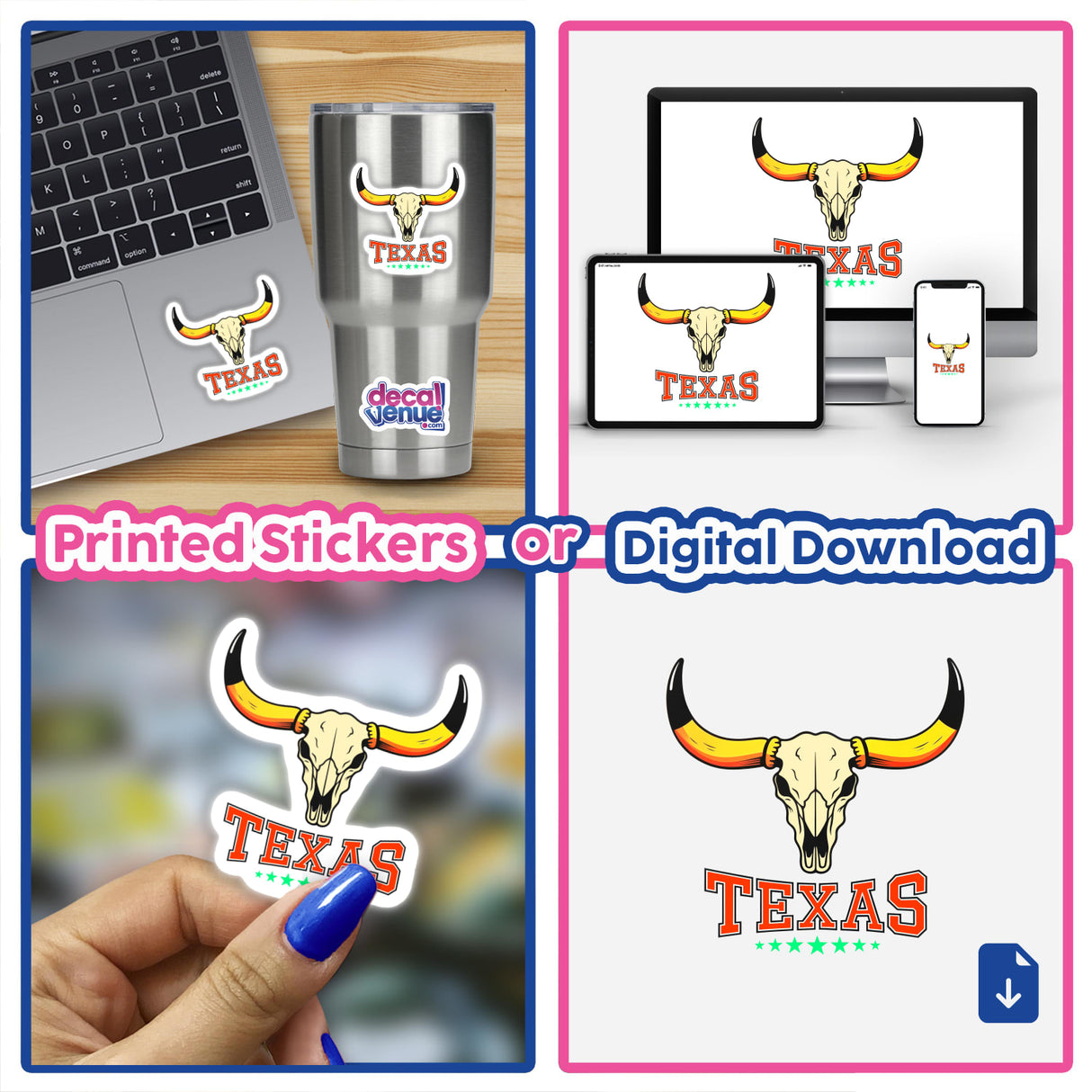 Texas USA Skull Design stickers displayed on a laptop, showcasing a unique bull skull motif. Available as vinyl stickers or digital artwork from Decal Venue.