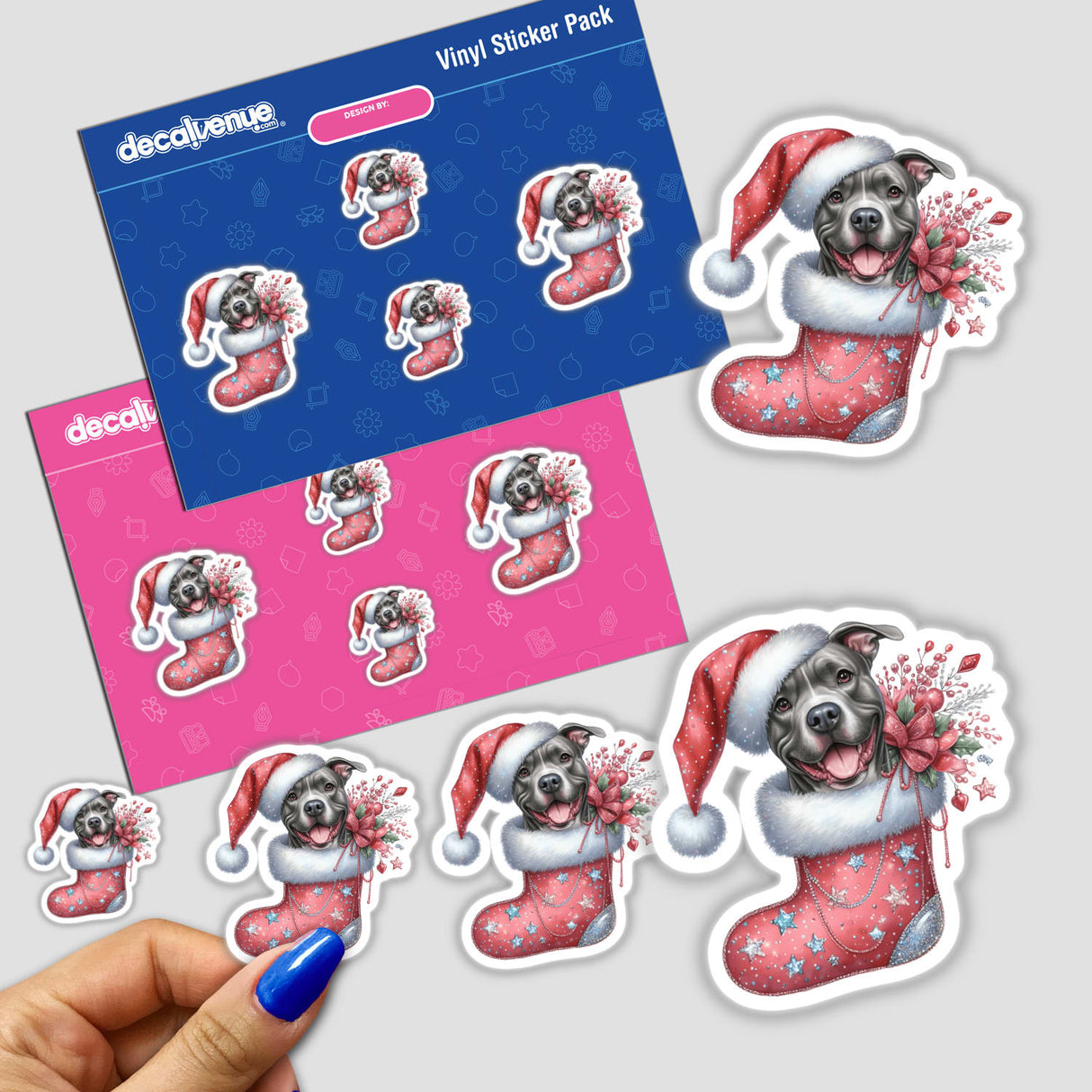 Pitbull Santa Dog in Christmas Stocking sticker, featuring a cartoon dog wearing a Santa hat inside a stocking, available as unique stickers or digital artwork from Decal Venue.