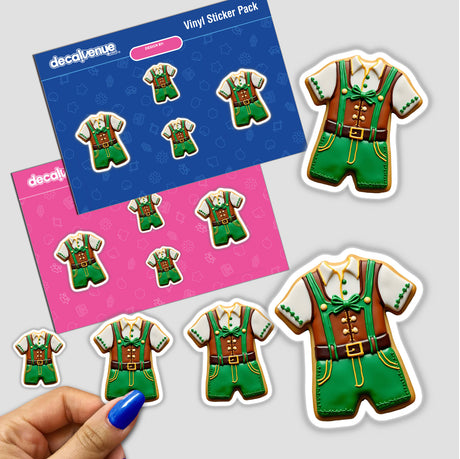 Lederhosen Shaped Cookie with Green and Brown Icing for Oktoberfest, available as stickers or digital artwork, featuring a detailed design of traditional attire.