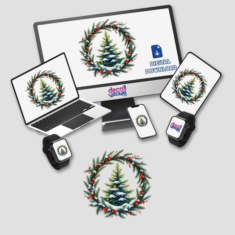 Snow-Covered Pine Tree in a Christmas Wreath displayed on a monitor and laptop, available as unique stickers or digital artwork from Decal Venue.