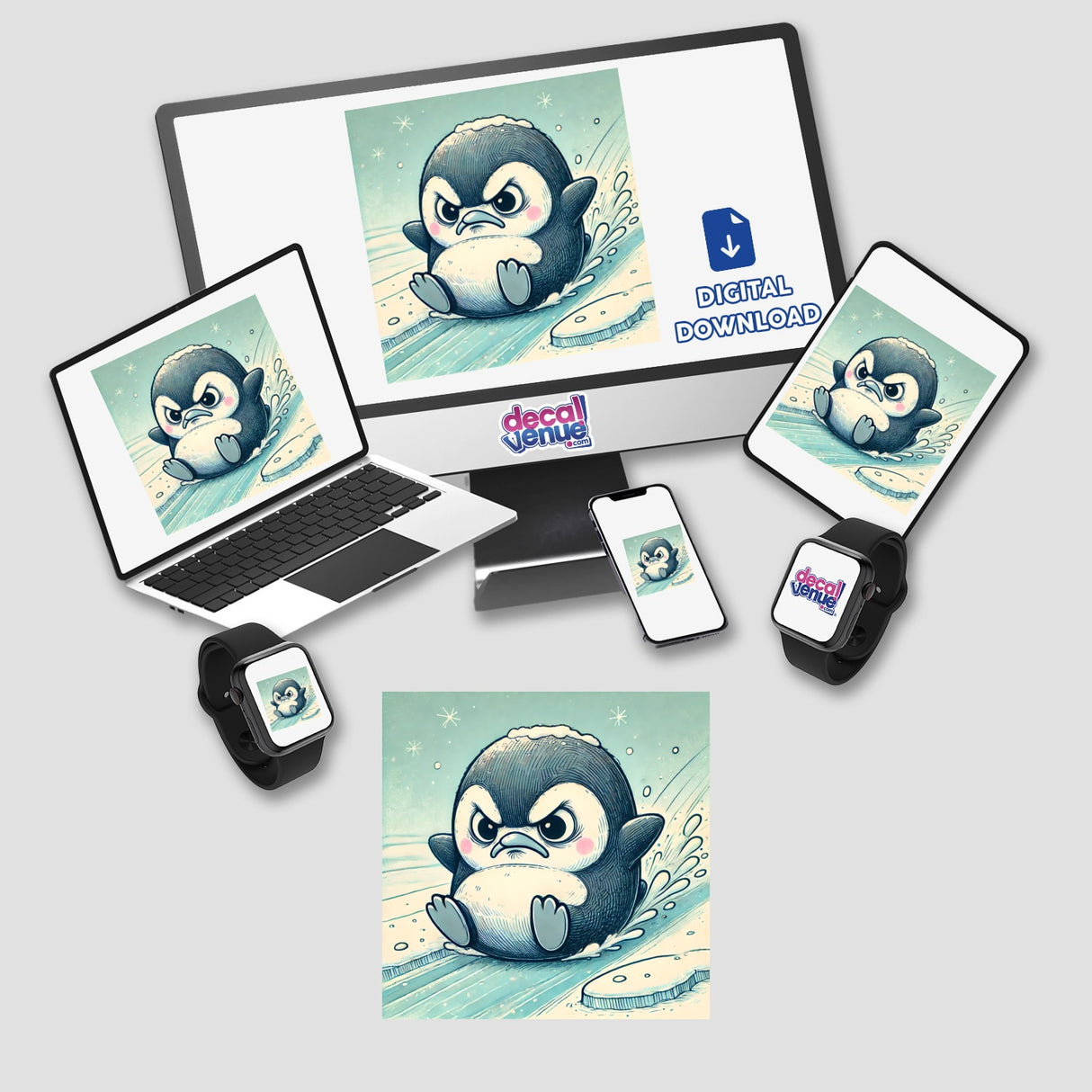 Grumpy Penguin Sliding on Ice displayed on a computer monitor, laptop, and other devices, showcasing the unique sticker or digital artwork from Decal Venue.