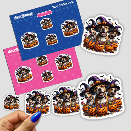 Halloween Pitbull Dogs Trick or Treat Pumpkins stickers featuring cartoon dogs in hats and pumpkins, perfect for seasonal decoration or digital artwork.