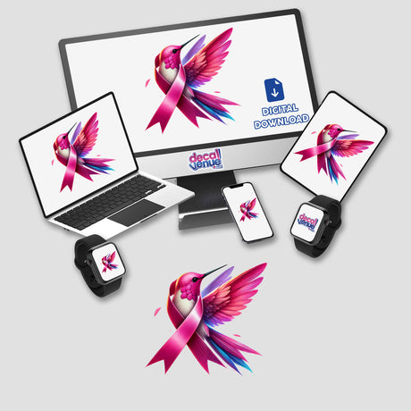 Hummingbird Pink Ribbon Breast Cancer: A digital artwork showing a computer monitor and laptop displaying a pink ribbon, accompanied by a hummingbird, available as stickers or digital art.