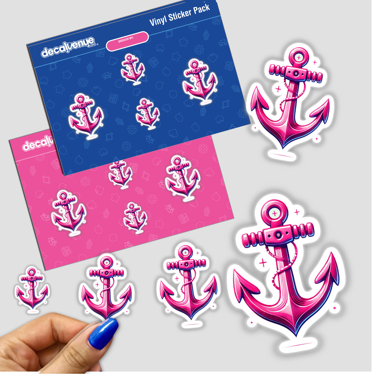 Hand holding a sticker pack titled Pink Anchor for Hope and Stability, featuring pink anchor designs with ropes.