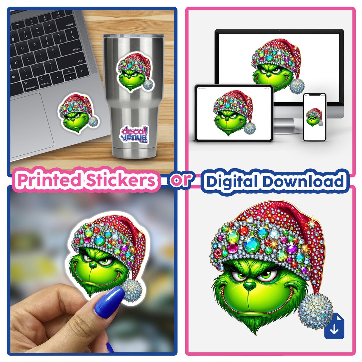 Green Grouch Christmas Face with Jeweled Santa Hat III displayed on a laptop and as a sticker, depicting a cartoon character with a jeweled hat, available as stickers or digital artwork.