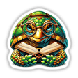 Turtle With Reading Glasses Open Book: An artistic illustration of a turtle wearing glasses, engrossed in reading a book. Available as stickers or digital artwork from Decal Venue.