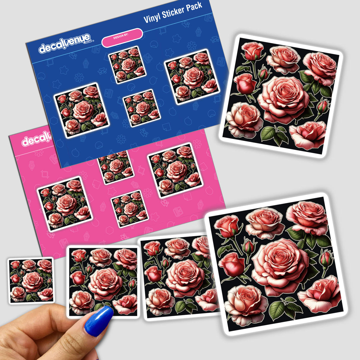 Beautiful Lush Roses stickers featuring intricate floral designs, including roses, shown in a close-up view with a hand gently touching one. Available as stickers or digital artwork.