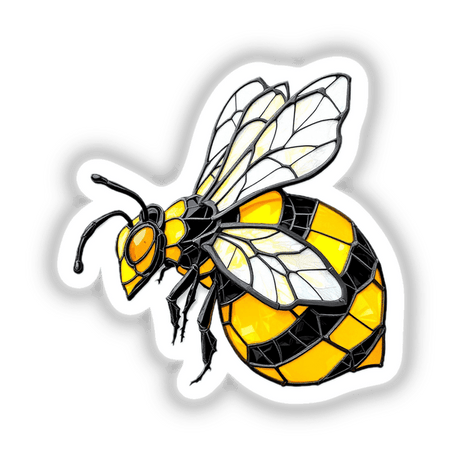 Bee Stained Glass Style sticker or digital artwork depicting a close-up of a yellow and black bee, showcasing intricate wing and head details, reflecting Decal Venue's unique artistic offerings.