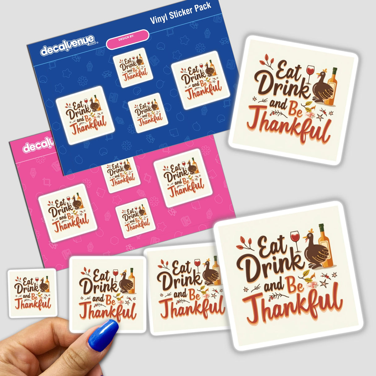 Eat, Drink, and Be Thankful Thanksgiving Sticker or Clipart pack, held in a hand. Includes various text and turkey-themed designs, available as stickers or digital artwork with commercial rights.