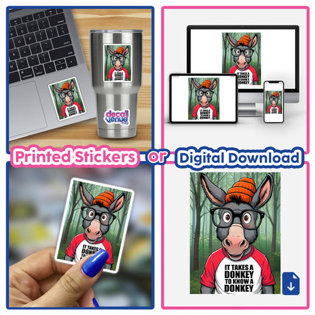 It Takes A Donkey To Know A Donkey Funny Quote depicted on various stickers and digital art, featuring cartoon donkeys with glasses and hats, ideal for laptops and personal items.