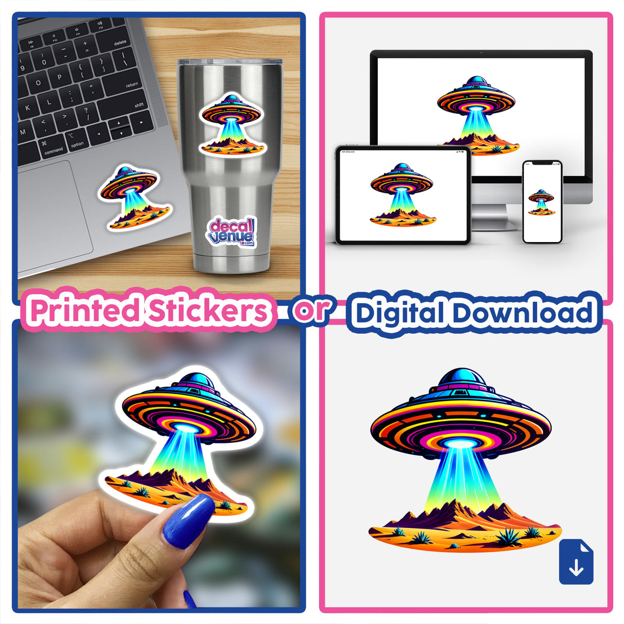 A UFO Flying Over The Desert sticker shown on a laptop, featuring a colorful UFO and desert scene, exemplifying Decal Venue's unique sticker and digital art collection.