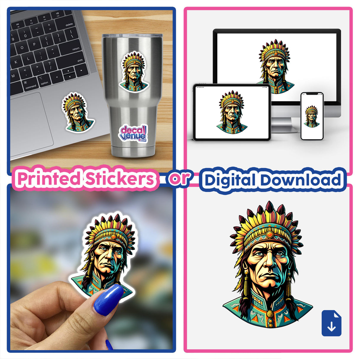 Collage featuring A Native American Warrior Chief as stickers and digital artwork, with applications on a laptop, cup, and digital devices, highlighting its versatile use.