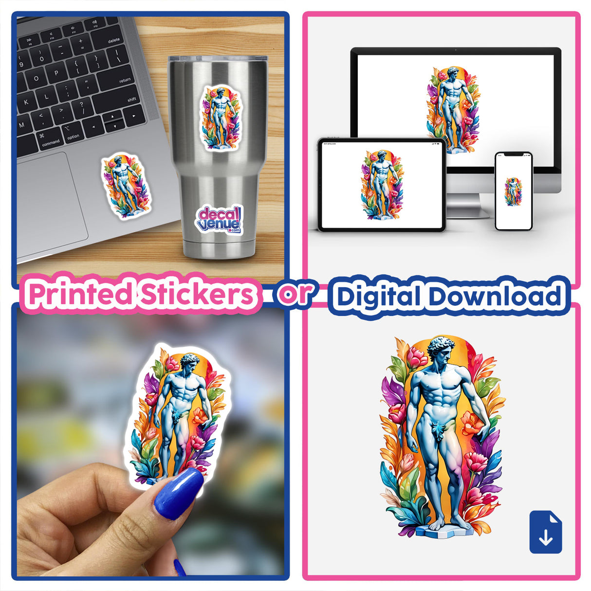 Sticker Design: Majestic Greek God Marble Statue with Rainbow Floral Splash displayed on a laptop, featuring vibrant, colorful artwork of a blue male statue adorned with flowers.